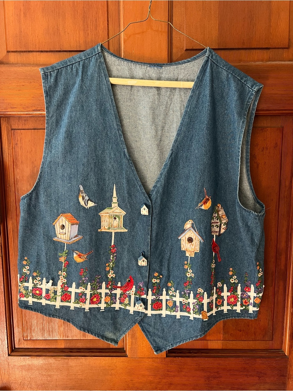 Vintage 90s Denim Birdhouse Vest XL Cottagecore Floral Garden Birds